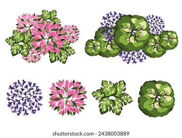 Tree for architectural floor plans. Entourage design. Various trees, bushes, and shrubs, top view for the landscape design plan. Vector illustration.