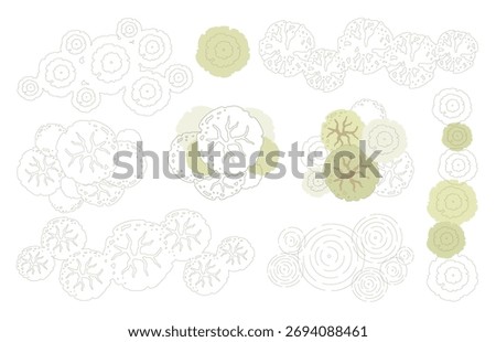 Tree for architectural floor plans. Entourage design. Various trees, bushes, and shrubs, top view for the landscape design plan. Vector illustration.