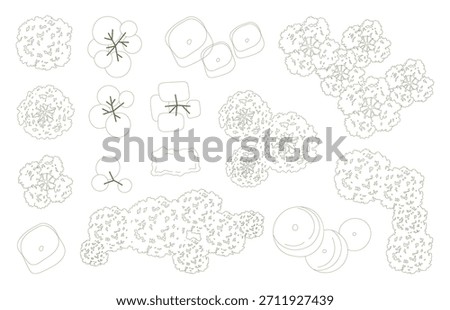 Tree for architectural floor plans. Entourage design. Various trees, bushes, and shrubs, top view for the landscape design plan. Vector illustration.