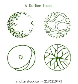 Tree for architectural floor plans. Outline trees. Various trees, bushes, and shrubs, top view for the landscape design plan. Vector illustration.