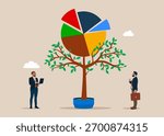 The tree with arrange pie chart grows higher and higher. Rebalancing investment portfolio to suitable for risk and return. Investment asset allocation and rebalance. Vector flat illustration