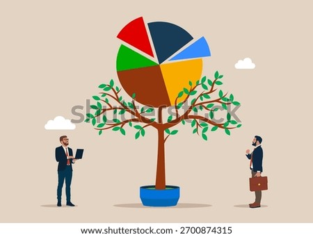 The tree with arrange pie chart grows higher and higher. Rebalancing investment portfolio to suitable for risk and return. Investment asset allocation and rebalance. Vector flat illustration