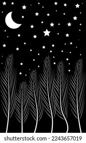 tree art illustration stars and moon on isolated black background