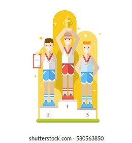 Tree athletes with medals standing on a pedestal. Vector flat illustration.