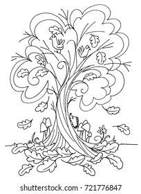 Tree in autumn with cute animals coloring vector