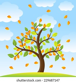 tree with autumn leaves on a background blue sky,vector illustration