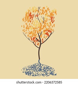 Tree in autumn season with orange, gold and red small leaves, isolated vector illustration of small tree with shadow on yellow background.