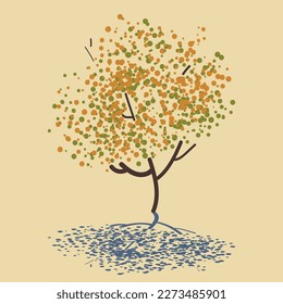 Tree in autumn season with orange and green small speckled leaves, isolated vector illustration of small tree with shadow on yellow background.