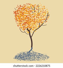A tree in the autumn season with red, orange on gold small leaves, isolated vector illustration of small tree with shadow on yellow background.
