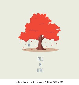 Tree in autumn. Symbol of fall with empty swing and falling leaves. Orange seasonal foliage. Eps10 vector illustration.