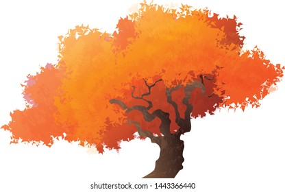 Tree in the autumn, vector, cartoon,  yellow orange fall tree and autumnal garden bush, fall season gold leaves