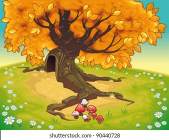 Tree in autumnal landscape. Vector coloured illustration