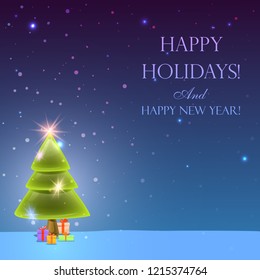tree. Background with congratulations and Christmas tree! Christmas card with gifts! Happy Holidays! And happy new year! Vector.