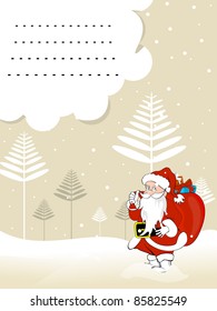 tree background with santa holding gift bag concept greeting card for merry xmas