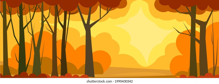 Tree background vector. Dense wild plants with tall, branched trunks. Autumn landscape. Flat design. Cartoon style.