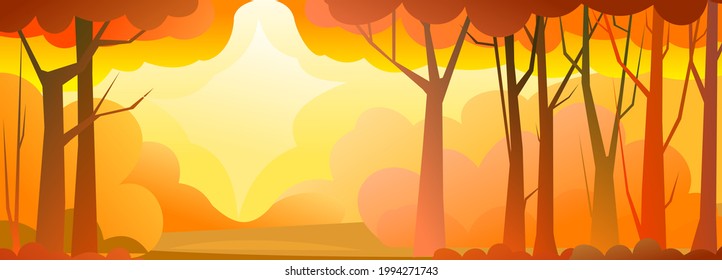 Tree background vector. Dense wild plants with tall, branched trunks. Autumn landscape. Flat design. Cartoon style.