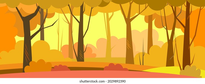 Tree background vector. Dense wild plants with tall, branched trunks. Autumn landscape. Flat design. Cartoon style. Vector