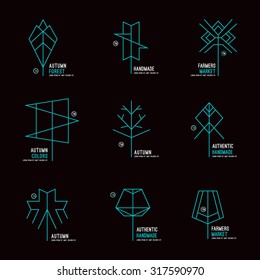 Tree badges in thin line style. Color print on black background