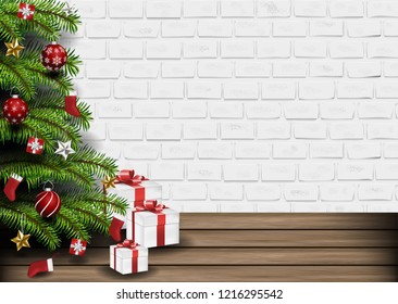 Christmas​ room​ with tree, christmas​ ball, ornament,red​ sock, star​ and​ gift​ box​ with​ old​ wood floor and​ white​ concrete​ block background​ with​ copy  space,frame​ design,vector​