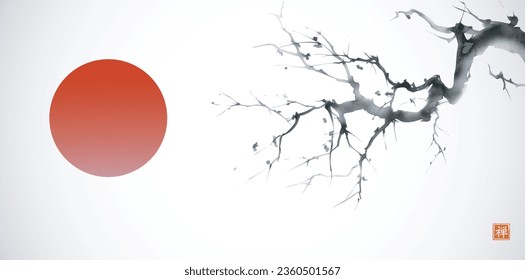 Tree with bare branches and big red sun, symbol of Japan. Traditional oriental ink painting sumi-e, u-sin, go-hua. Translation of hieroglyph - zen.
