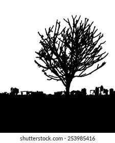Tree - bare branches - with city landscape afar - black silhouette - on white background - isolated vector