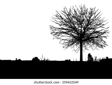 Tree - bare branches - with city landscape afar - black silhouette - on white background - isolated vector