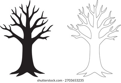 El árbol está desnudo y no tiene hojas. Es un dibujo en blanco y negro. El árbol es un símbolo de la vida
