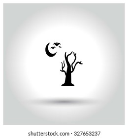 Tree, Bats Flying with Moon icon. Halloween pictogram elements collection.  simple minimal, flat, solid, mono, monochrome, plain, contemporary style. Vector illustration web internet design elements