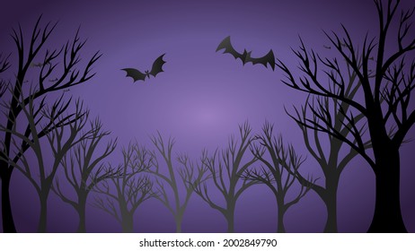 Tree and bats in happy Halloween day on purple background, illustration vector EPS 10
