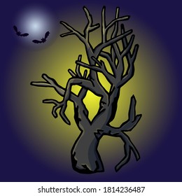 Tree and bats under the moon, cartoon style, scary tree, night, darkness, moon, illumination, bats, fear, horror, adrenaline, nature, template, postcard, forest, branches, Halloween,  moon, joy, bats