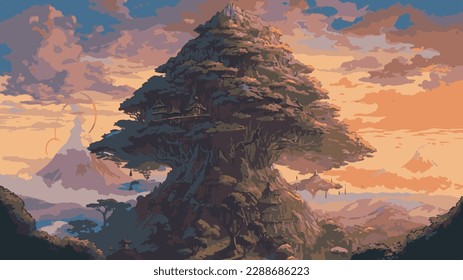 Tree with beautiful sunset and mountain background. Cartoon effect. High quality vector