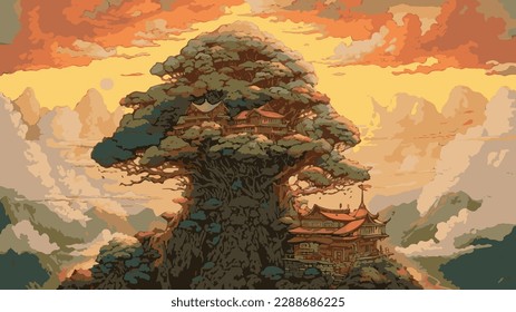Tree with beautiful sunset and mountain background. Cartoon effect. High quality vector
