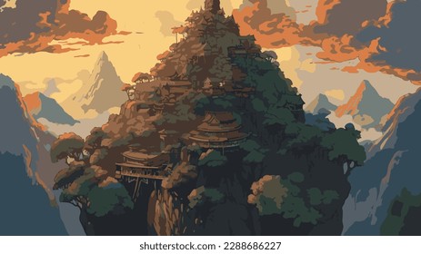 Árbol con hermosa puesta de sol y fondo de montaña. Efecto de dibujos animados. Vector de alta calidad