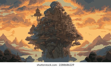 Tree with beautiful sunset and mountain background. Cartoon effect. High quality vector
