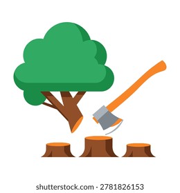A tree is being chopped down by an axe outdoors, with three stumps on the ground