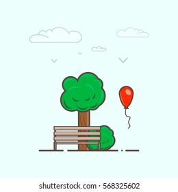 Tree and bench with balloon minimalism 
