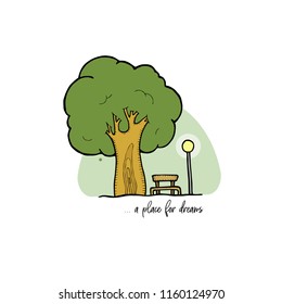 A tree with a bench and a fanlight for dreams and rest. sticker
