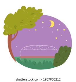 Tree with bench in garden or park at night background. Green branches, lawn with grass, bushes, place to sit and look at sky with stars and moon vector illustration. Field in summer wallpaper.