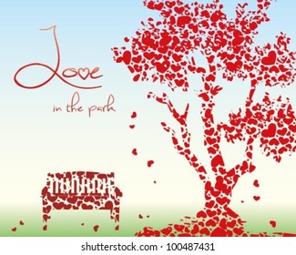 A tree and a bench made out of hearts
