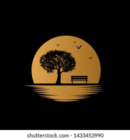 Tree and bench with moon as background illustration logo design