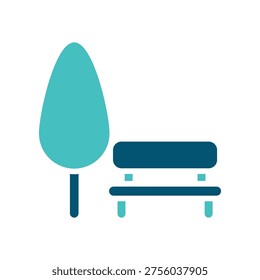 A tree and bench represent a park or public rest area in flat style. This graphic suits city maps, recreation guides, landscape branding, and tourism materials