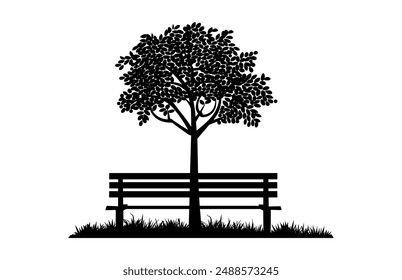 Tree with Bench Silhouette Clipart, Park Bench and tree Vector black Silhouette