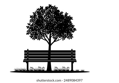 Tree with Bench Silhouette Clipart, Park Bench and tree Vector black Silhouette