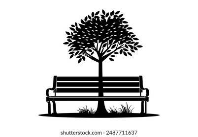 Tree with Bench Silhouette Vector, Park Bench and tree black Clipart