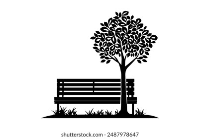 Árbol con banco de silueta Vector, banco del parque y Clipart negro del árbol
