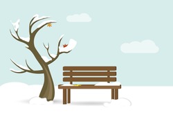 Tree And A Bench With Snow On Them And Foliage. Late Autumn, Early Winter