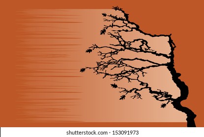 The tree is bending by the wind. Vector illustration
