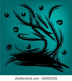 The tree bends under the force of the wind. Vector creative illustration