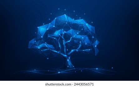 tree big data technology low poly wireframe on blue background. storage online. vector illustration fantastic digital design. 