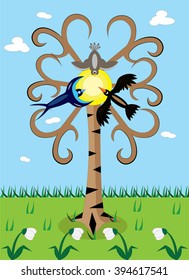 Tree birch and three birds swallow, raven, sparrow